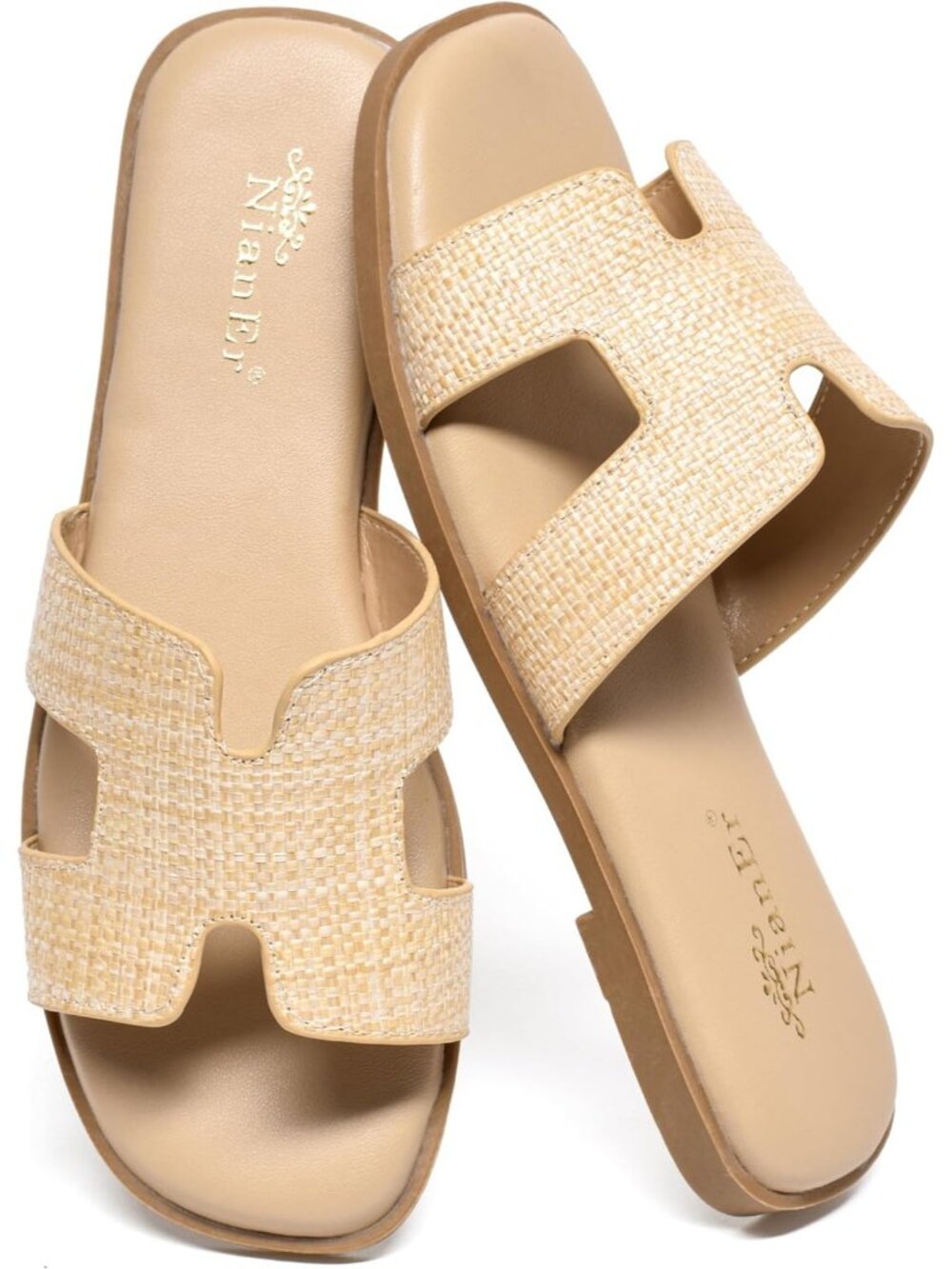 NianEr Women's Beige Leather Comfortable Casual Summer Flats Sandals Shoes